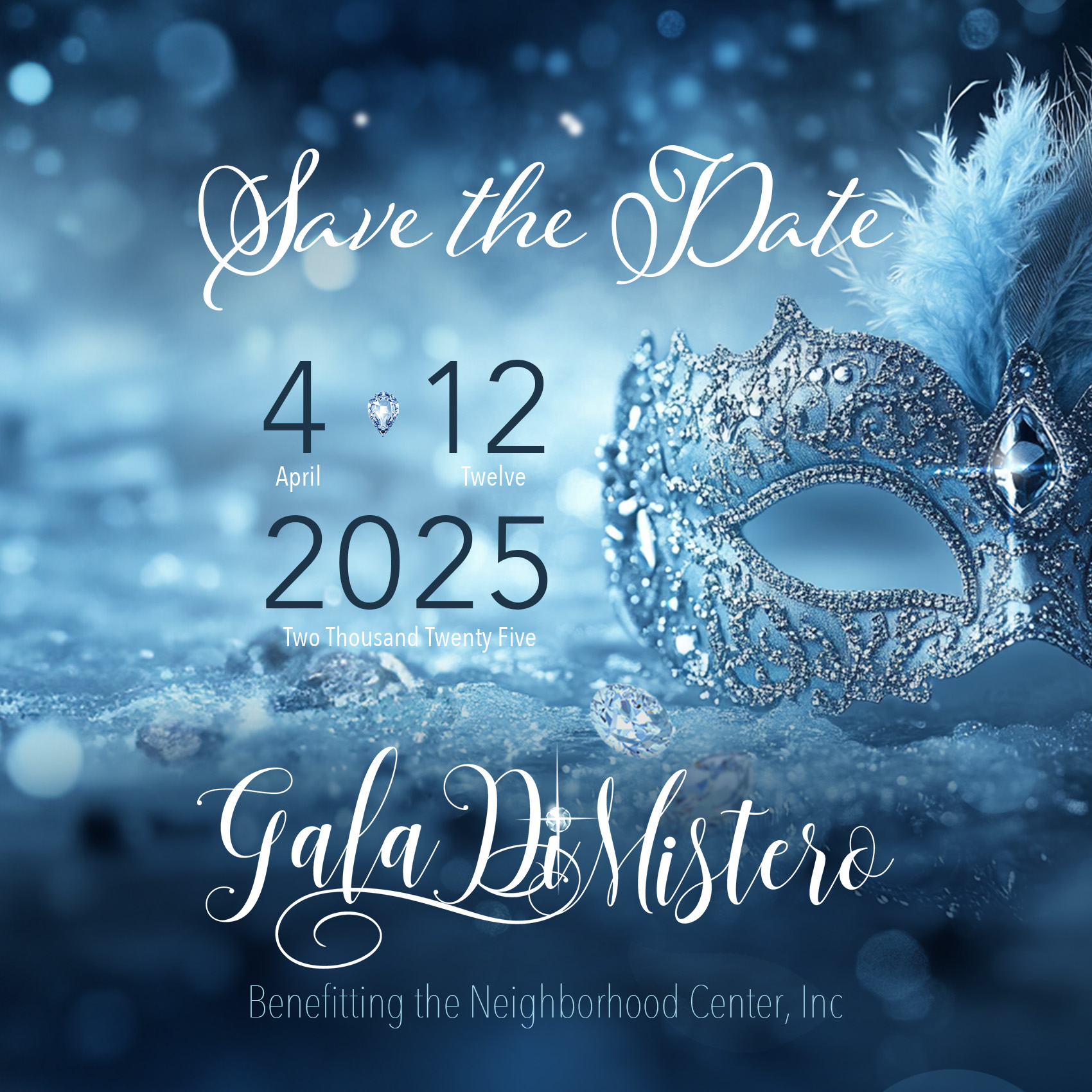 Gala Di Mistero 2025 Save The Date, with masquerade mask and blue tones.